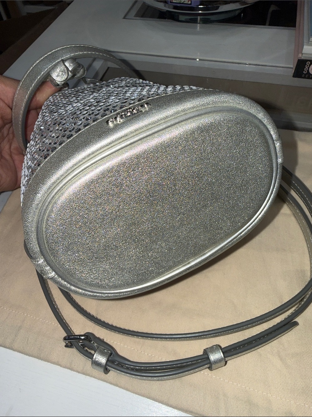 New Coach Metallic Silver Crystal-Embellished Bucket mini Bag - Picture 4 of 10